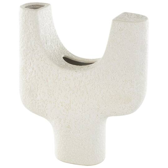 14" Speckled White Abstract Curved Ceramic Vase with Dual Openings